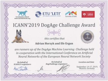 DogAgeChallenge Award certified to Adrian Horzyk and Efe Ergun the 2nd Winners